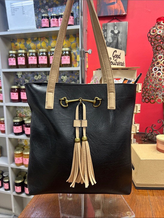 Liz Soto Handbags - Liz Soto Black Shoulder 2 in 1 Tote with Tan Tassel Detail